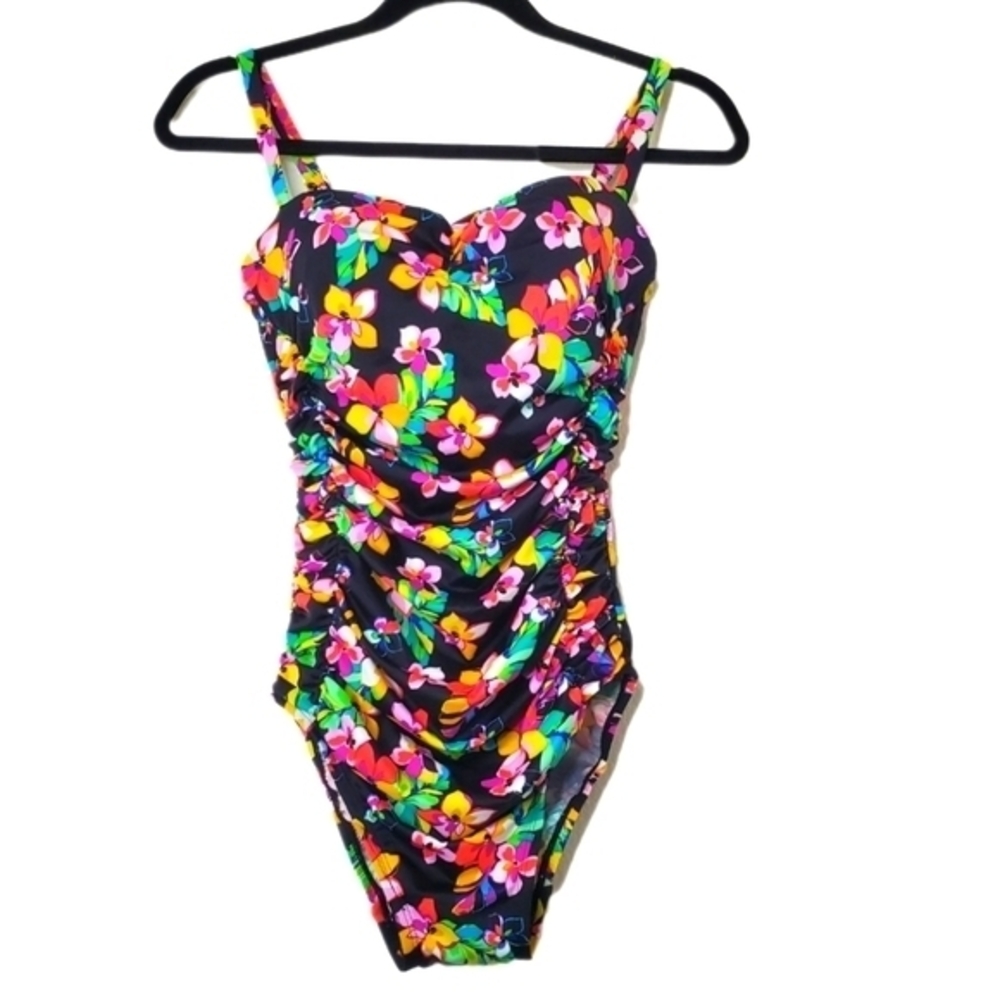 Inches Away Womens‎ Black Floral Ruched Slimming Style One Piece Swimsuit Size 8